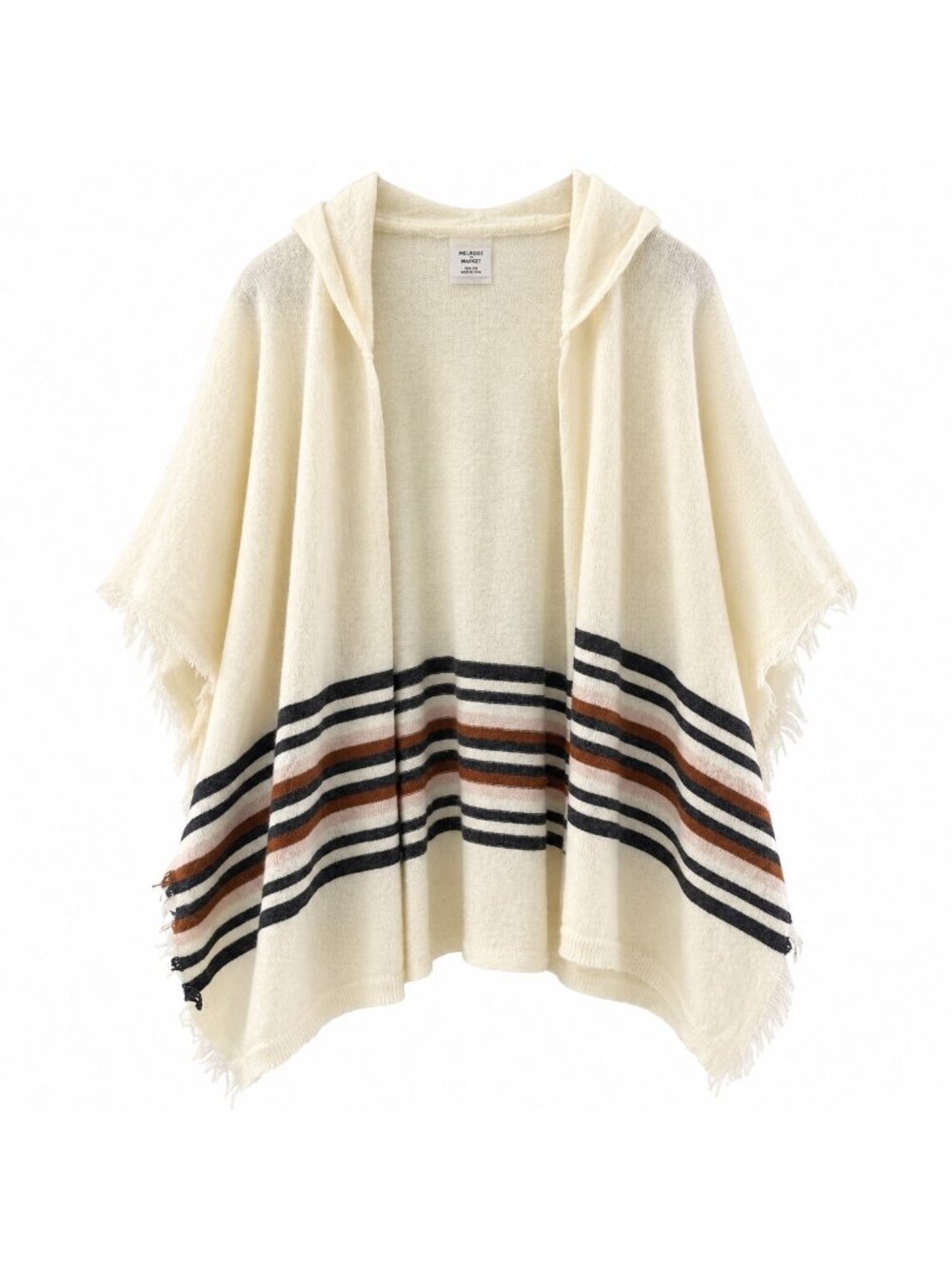 Melrose And Market Hooded Poncho With Stripes In Ivory One Size 100% Polyester